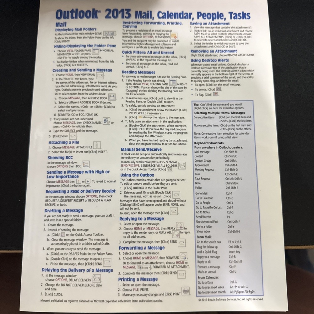 Microsoft Outlook 2013 Mail, Calendar, People, Tasks, Notes Quick Reference